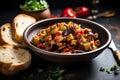 A rustic bowl of Italian caponata with crusty bread, mediterranean food life style Authentic