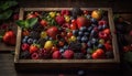A rustic bowl of juicy, multi colored berry fruit abundance generated by AI