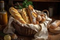 a rustic bread basket filled with crumbly rolls and crusty baguettes Royalty Free Stock Photo