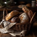 A rustic bread basket filled with a variety of freshly baked loaves