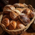 A rustic bread basket filled with a variety of freshly baked loaves