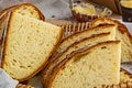 Rustic bread chopped symmetrical slices many in a basket fresh delicious with baked crust backdrop bakery