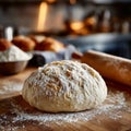 Rustic bread dough on a wooden surface in a warm kitchen setting. Royalty Free Stock Photo