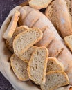 Rustic bread loaf slices in a bread basket