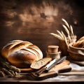 Rustic bread rolls on wooden background - ai generated image Royalty Free Stock Photo