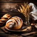Rustic bread rolls on wooden background - ai generated image Royalty Free Stock Photo