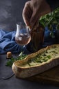 Rustic Bread whit white sauce in dark background