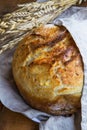 Rustic bread. Whole round bread with browned crust in linen towel and ears of wheat in the background