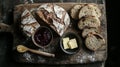 A rustic breadboard with fresh sourdough, butter, and a pot of jam Royalty Free Stock Photo