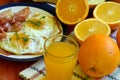 Rustic breakfast - roasted bread with butter and chives, fried eggs and bacon.