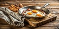 A rustic breakfast scene featuring fried eggs and crispy bacon in a pan. Generative AI Royalty Free Stock Photo