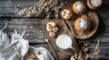 Rustic breakfast scene with muffins, milk, and nuts on wooden table Royalty Free Stock Photo