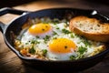 Rustic Breakfast Scene with Sizzling Bacon and Eggs in Cast Iron Skillet on Wooden Table Royalty Free Stock Photo