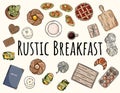 Rustic breakfast set. Decorative doodles set. Collection of cute home and food related cartoon style outline objects. Hand drawn Royalty Free Stock Photo