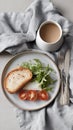 Rustic breakfast setting with coffee, bread, mozzarella, tomato, and arugula on Royalty Free Stock Photo