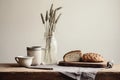 Rustic Breakfast Table Ceramic Glass Stone Wooden Pots, Kitchen Backdrop Background Neutral Minimalist Simple Minimal Royalty Free Stock Photo