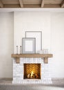 Rustic brick fireplace in bright colors with decor. 3D rendering