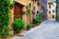Rustic brick houses decorated with colorful flowers, Pienza, Tuscany, Italy Royalty Free Stock Photo