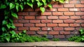 Rustic brick wall background with lush greenery and wooden surface perfect for product displays or design projects. Generative AI Royalty Free Stock Photo
