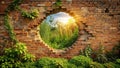 Rustic brick wall with hole revealing a sunlit garden scene. Generative AI Royalty Free Stock Photo