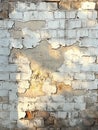 A rustic brick wall with peeling white paint, revealing layers of beige and brick beneath. Shadows and light play across Royalty Free Stock Photo