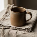 A rustic brown ceramic mug with a round handle sits on a folded Royalty Free Stock Photo