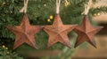 Rustic Brown Metal Star Ornaments Hanging on Christmas Tree Royalty Free Stock Photo