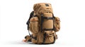 A rustic brown and orange hiking backpack, packed and ready for an outdoor adventure Royalty Free Stock Photo