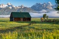 Rustic building, part of the historic Morman Row homestead in Antelope Flats, in Grand Teton National Park Wyoming, at sunrise