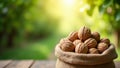 Rustic burlap sack filled with unshelled walnuts set in a serene green orchard with dappled sunlight Royalty Free Stock Photo