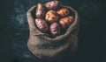 a rustic burlap sack filled with freshly harvested red and orange potatoes on a dark textured background Royalty Free Stock Photo