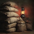 Rustic burlap sacks illuminated by a vintage lantern create warm agrarian ambiance Royalty Free Stock Photo