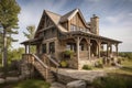 rustic cabin featuring wooden siding, stone accents, and wrap-around porch