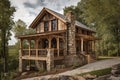rustic cabin featuring wooden siding, stone accents, and wrap-around porch