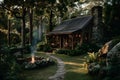 Rustic Cabin in Forest with Fire Pit for Tranquil Retreat and Nature Escape Generative AI Royalty Free Stock Photo