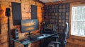Rustic Cabin Gaming Setup Cozy and Powerful PC Workstation Royalty Free Stock Photo