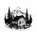 Rustic Cabin Illustration: Classic Tattoo Motif With Bold Black And White Art