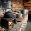 Rustic cabin kitchen with teapot warming over fire on stove. Royalty Free Stock Photo