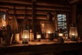 a rustic cabin, with lighting fixtures and lamps in the form of lanterns and candles Royalty Free Stock Photo