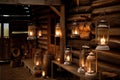 a rustic cabin, with lighting fixtures and lamps in the form of lanterns and candles Royalty Free Stock Photo