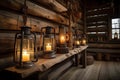 a rustic cabin, with lighting fixtures and lamps in the form of lanterns and candles Royalty Free Stock Photo