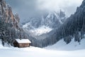 Rustic cabin nestled in a winter setting with a long range mountain view