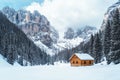 Rustic cabin nestled in a winter setting with a long range mountain view