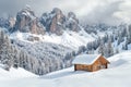 Rustic cabin nestled in a winter setting with a long range mountain view