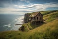 rustic cabin perched on the edge of a cliff, with sweeping views of pristine coastline