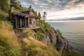 rustic cabin perched on the edge of a cliff, with sweeping views of pristine coastline