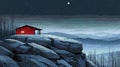 Rustic cabin perched on a snow-covered mountaintop at night Royalty Free Stock Photo