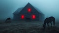 A Rustic Cabin with Red Windows in a Foggy Field with Horses Royalty Free Stock Photo