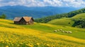 Rustic Cabin in a Rolling Meadow with Sheep and Mountain Views Royalty Free Stock Photo