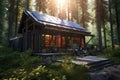 rustic cabin with rooftop solar panels in dense forest Royalty Free Stock Photo